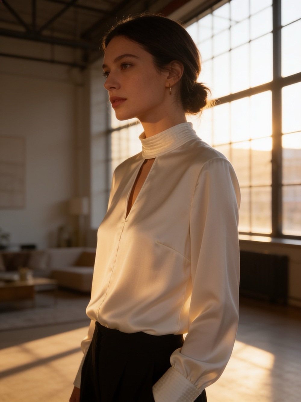 DKNY White Satin Mock Neck Keyhole Blouse